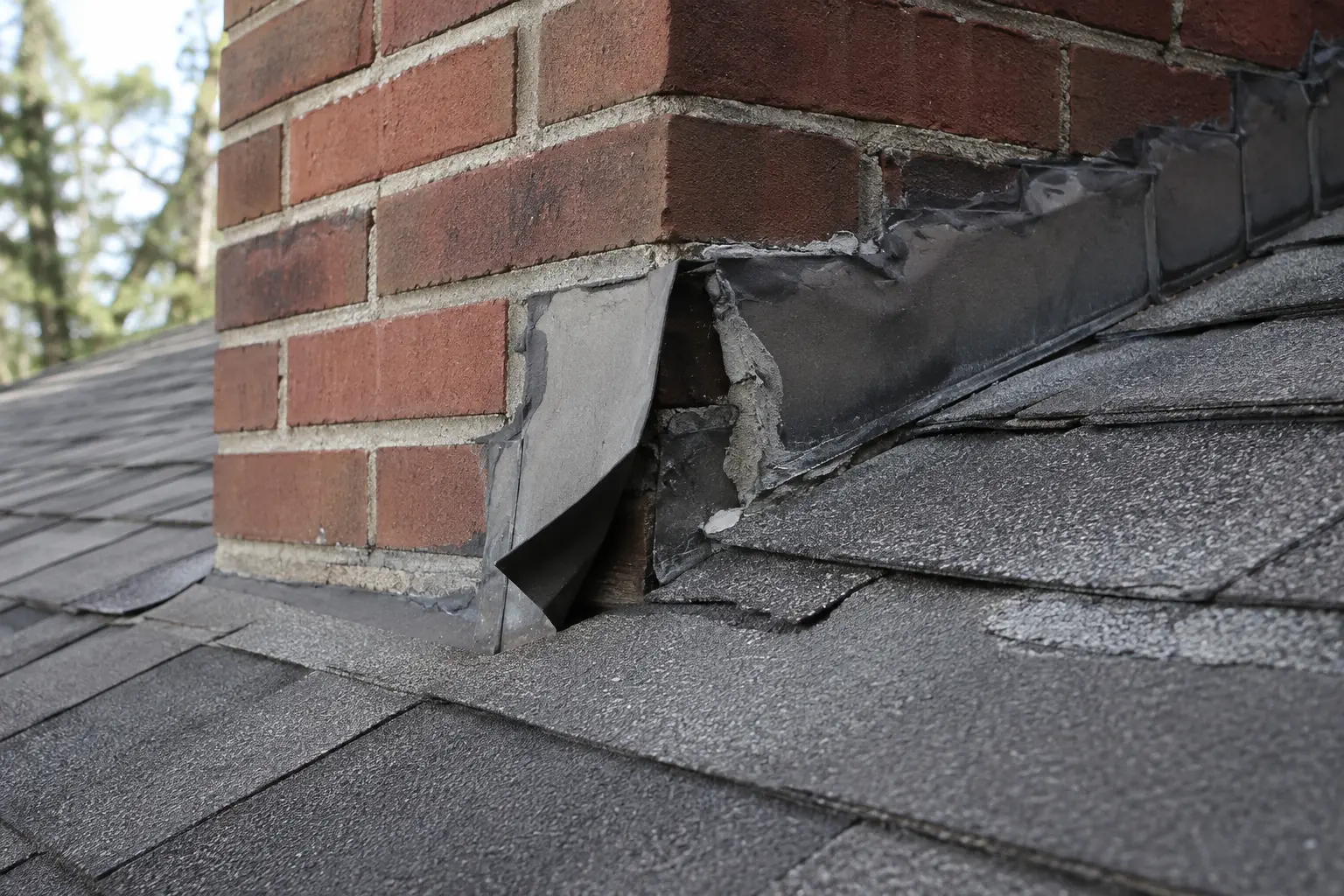 Educational example of damaged chimney flashing and adjacent shingles