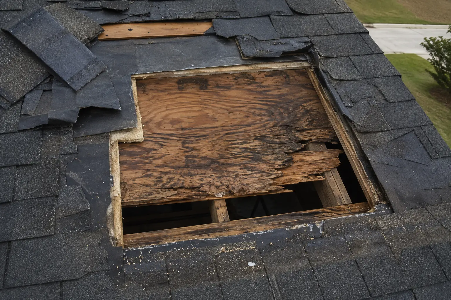 Educational example of open hole & decking roof damage