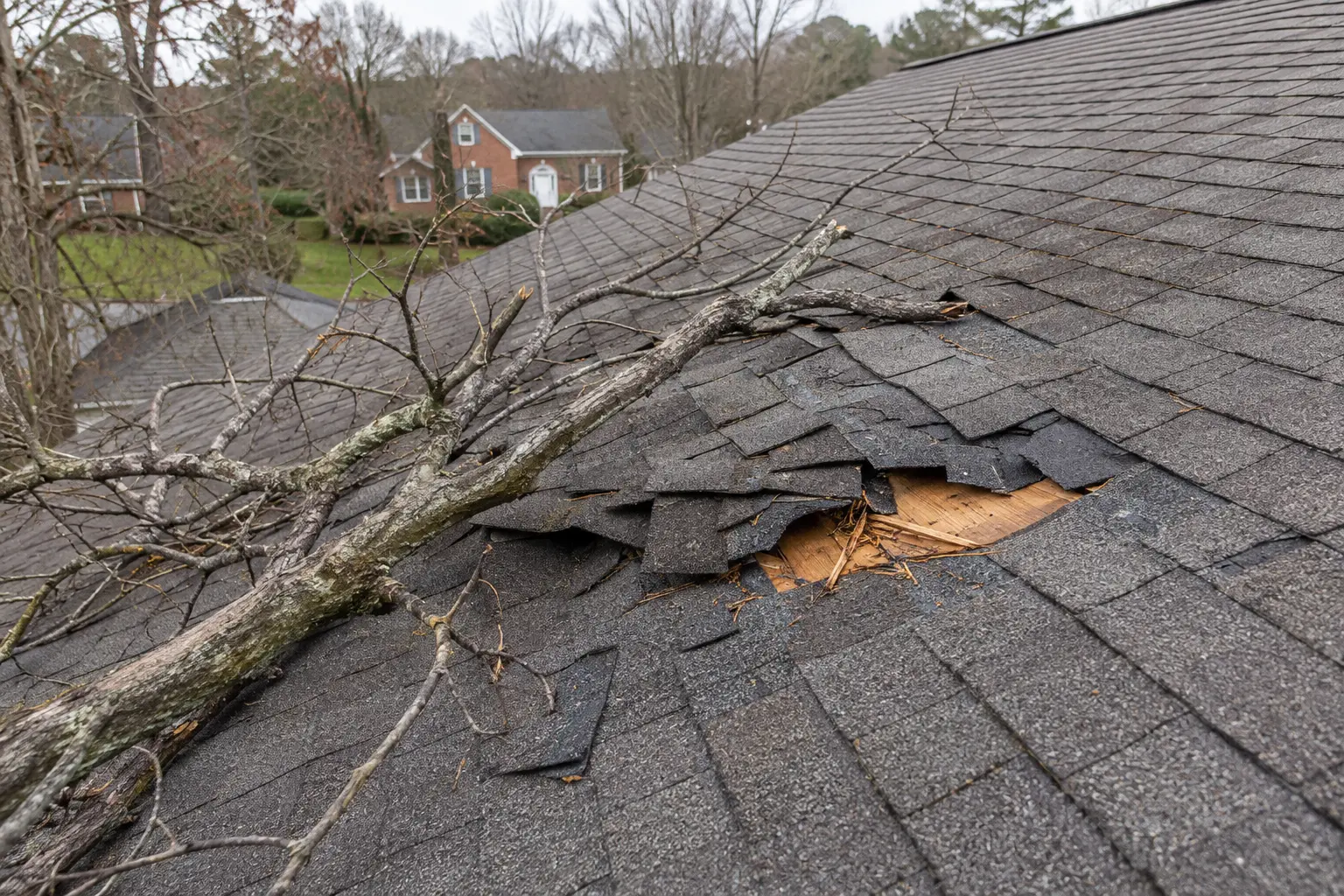 Educational example of tree impact damage on an asphalt shingle roof