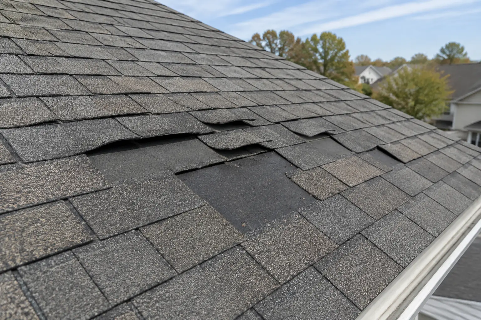 Educational example of lifted and missing asphalt shingles after wind